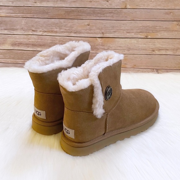 UGG Women’s Mini Bailey Snaps Chestnut Suede Boots - Picture 2 of 10